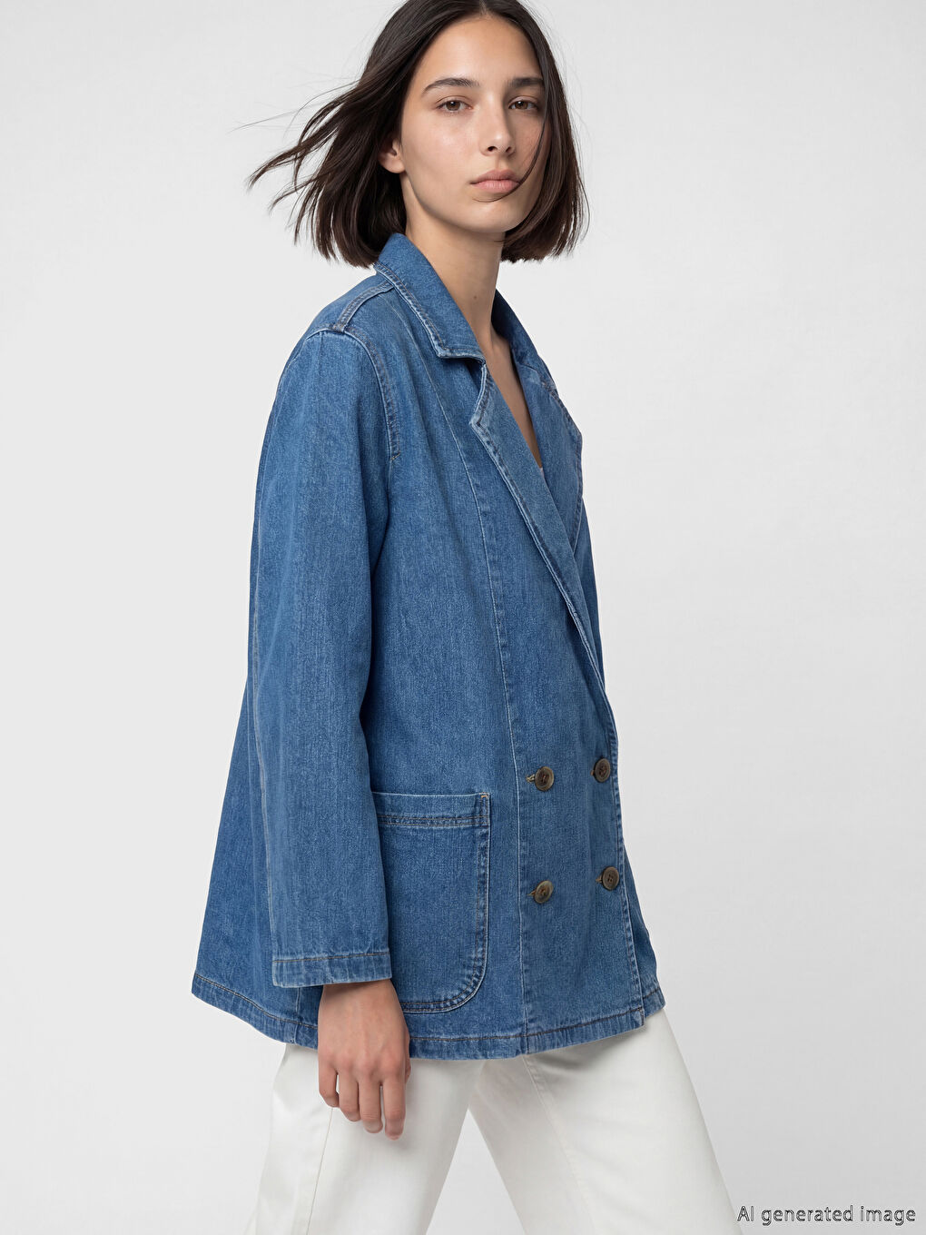 Lacivert Kruvaze Yaka Kadın Jean Blazer Ceket