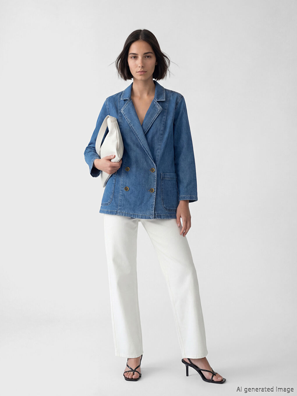 Lacivert Kruvaze Yaka Kadın Jean Blazer Ceket-2