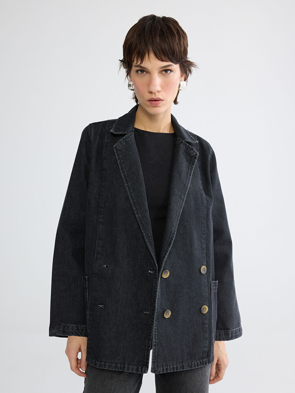 Siyah Kruvaze Yaka Kadın Jean Blazer Ceket