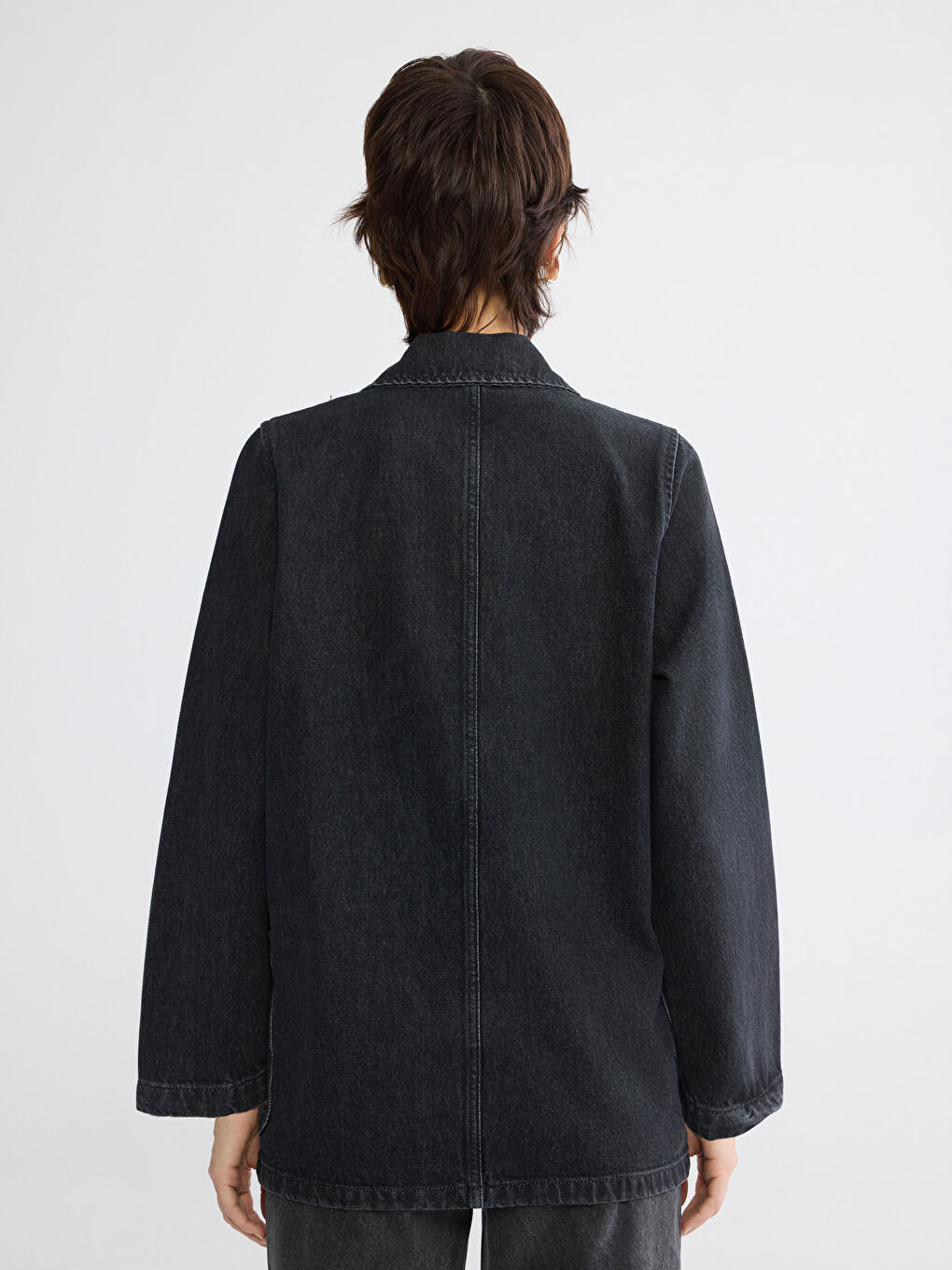 Siyah Kruvaze Yaka Kadın Jean Blazer Ceket-3