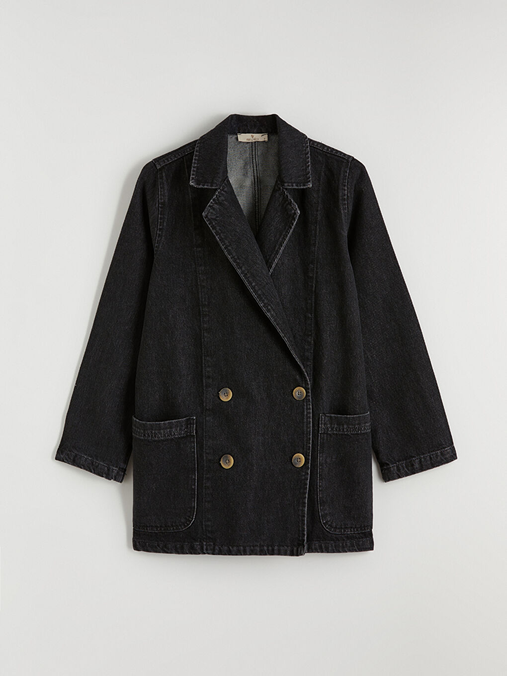 Siyah Kruvaze Yaka Kadın Jean Blazer Ceket-4