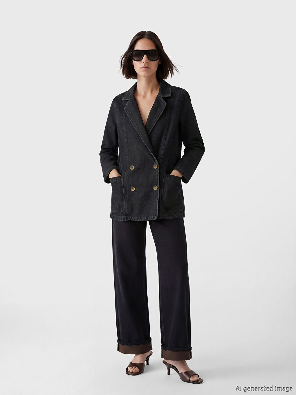 Siyah Kruvaze Yaka Kadın Jean Blazer Ceket-2