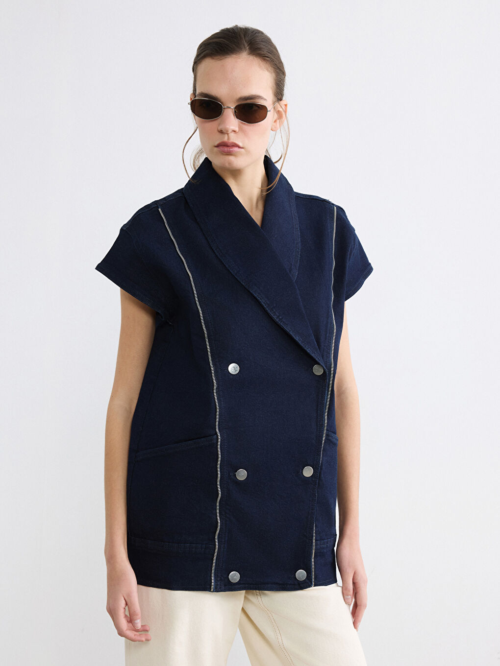 Lacivert Kruvaze Yaka Kadın Jean Yelek