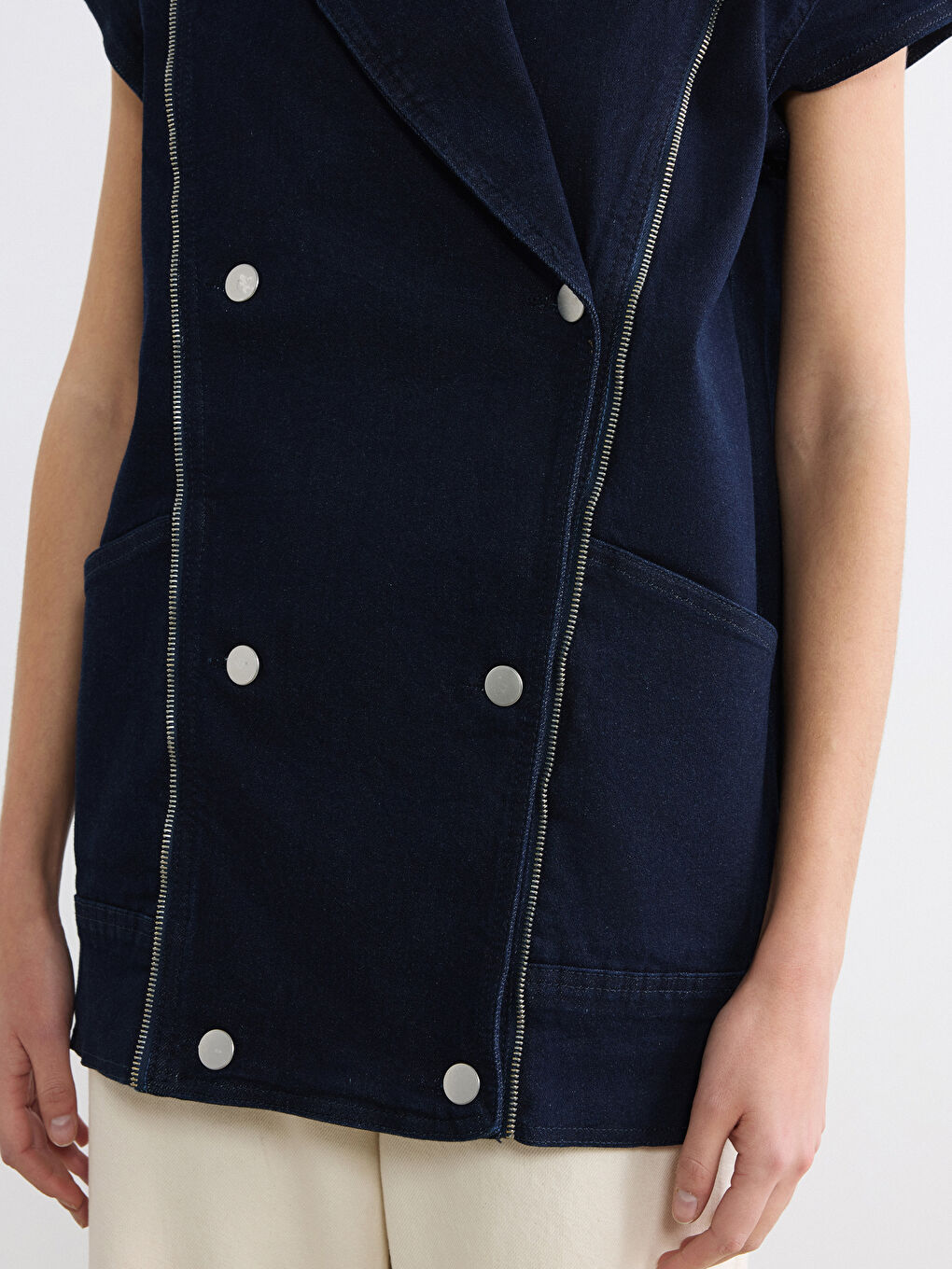 Lacivert Kruvaze Yaka Kadın Jean Yelek-2