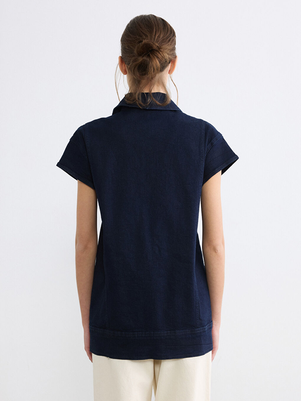 Lacivert Kruvaze Yaka Kadın Jean Yelek-3