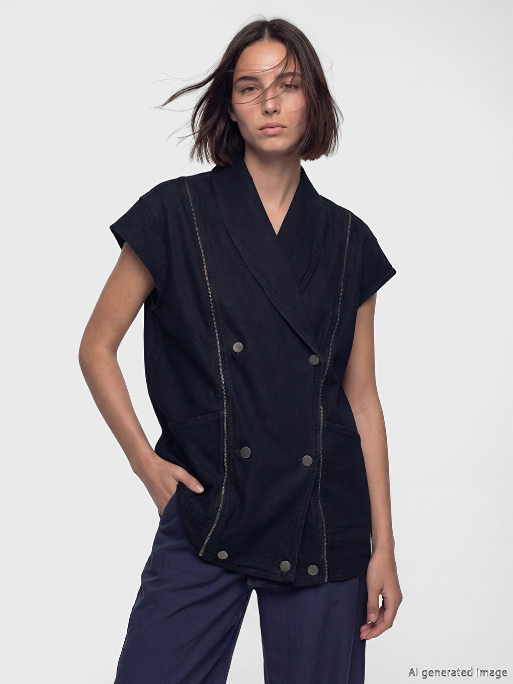 Lacivert Kruvaze Yaka Kadın Jean Yelek-2