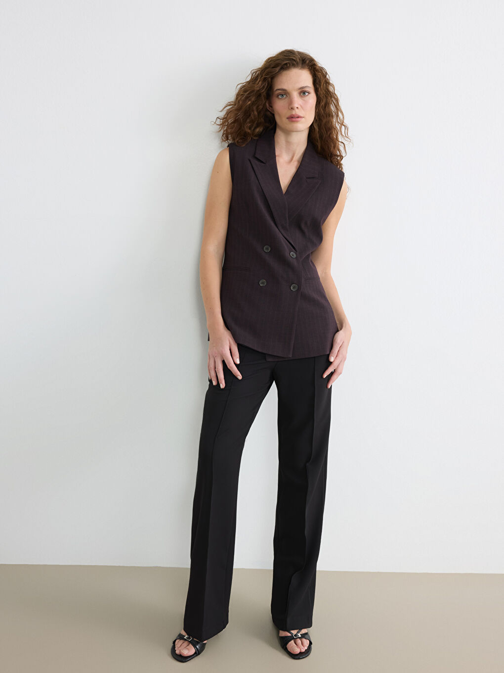 Bordo Kruvaze Yaka Çizgili Kadın Klasik Yelek-1