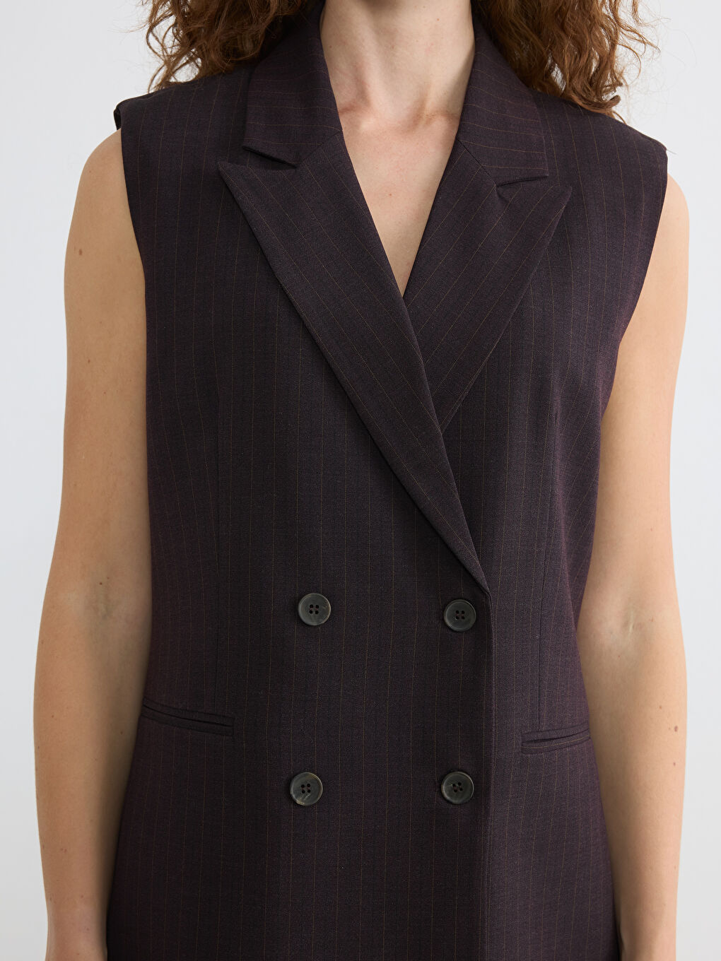 Bordo Kruvaze Yaka Çizgili Kadın Klasik Yelek-2