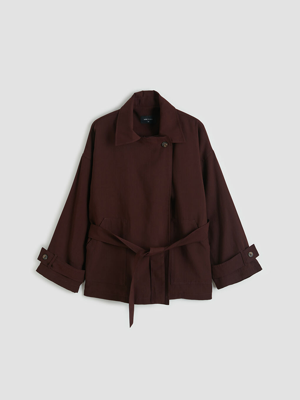 Bordo Gömlek Yaka Kuşaklı Oversize Kadın Ceket