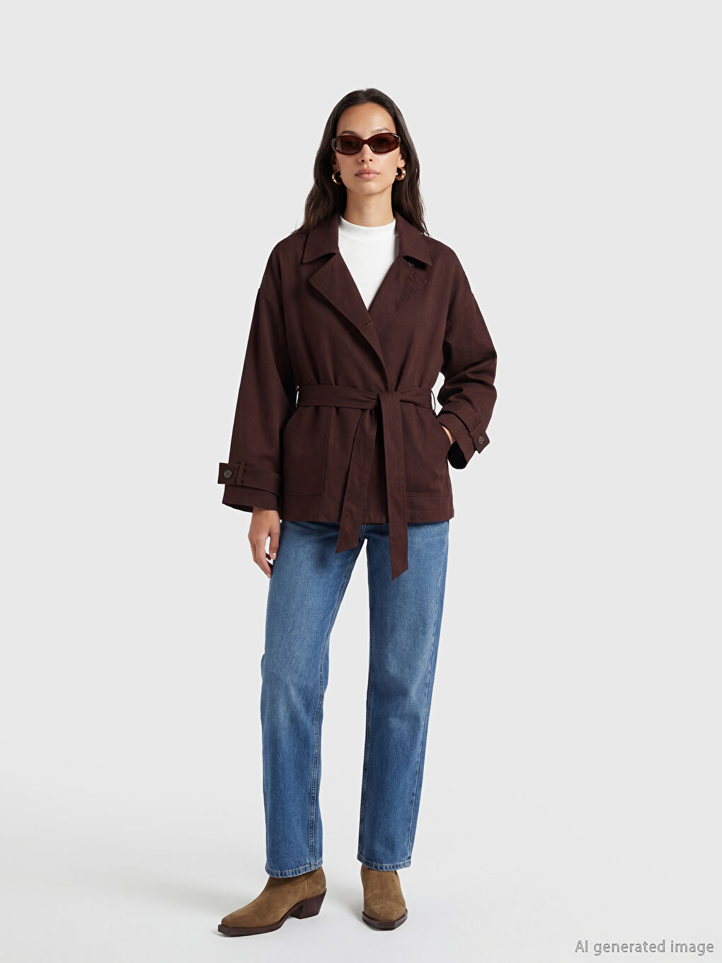 Bordo Gömlek Yaka Kuşaklı Oversize Kadın Ceket-1