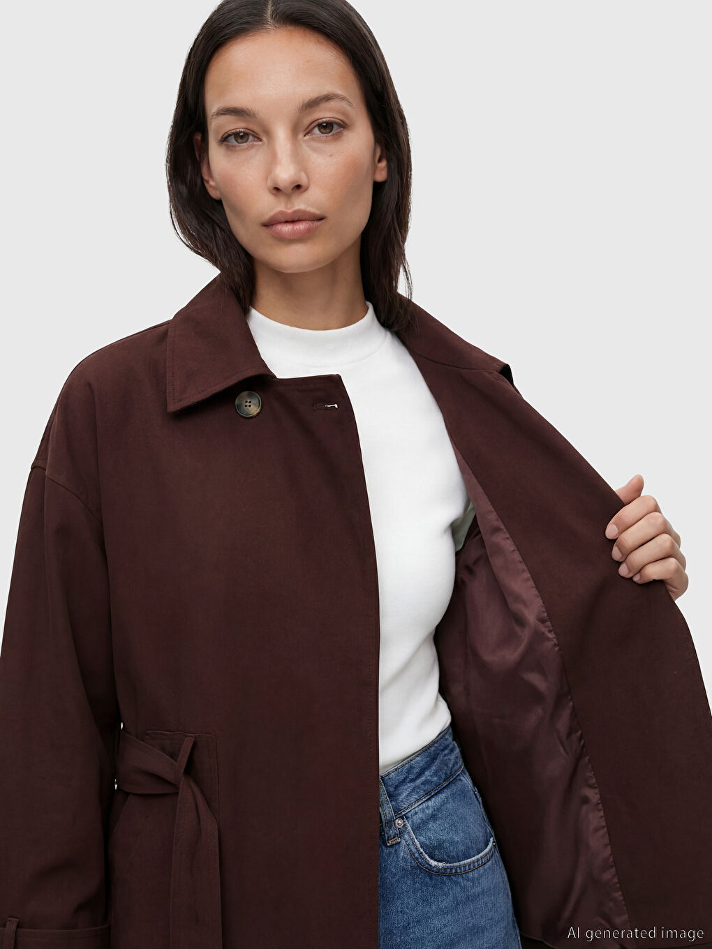 Bordo Gömlek Yaka Kuşaklı Oversize Kadın Ceket-2