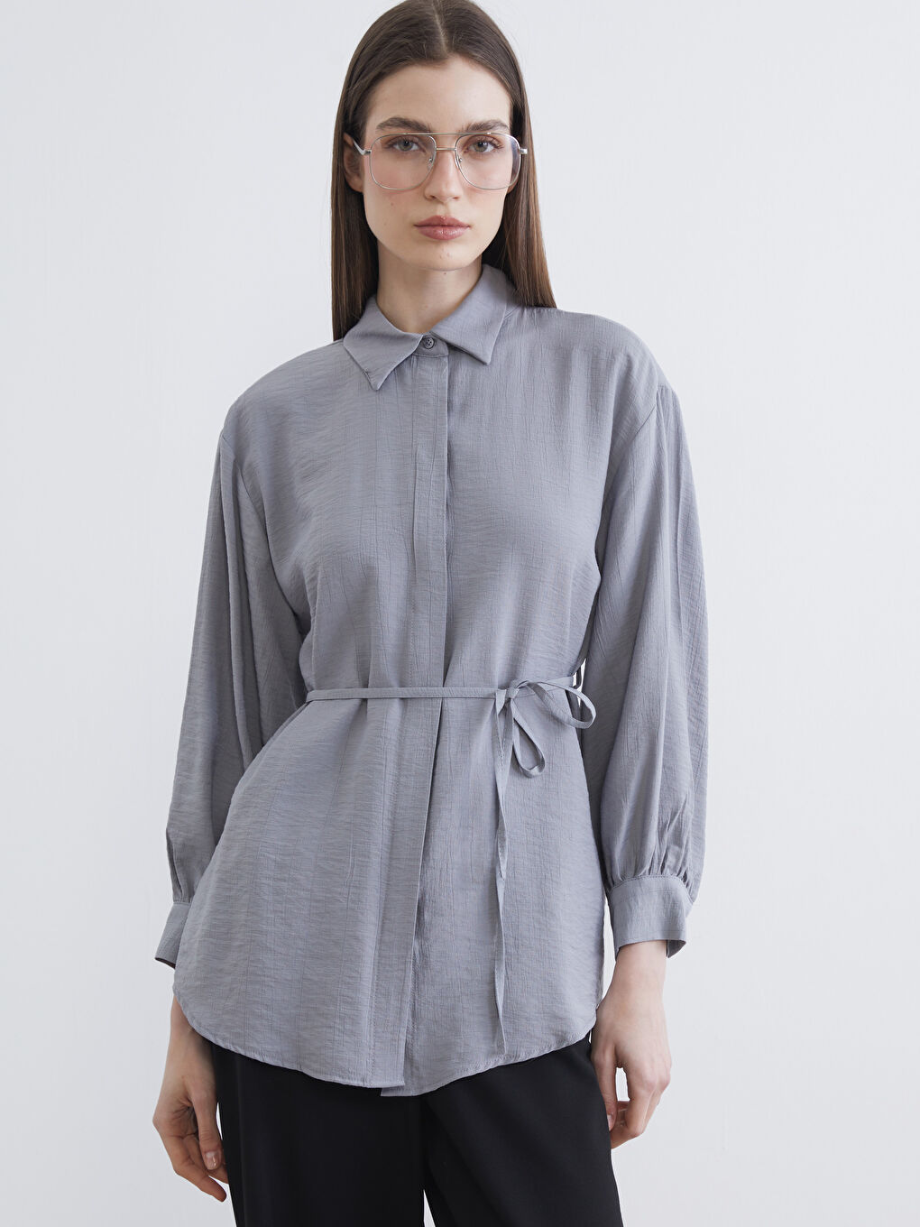 Gri Dokulu Kadın Gömlek Tunik