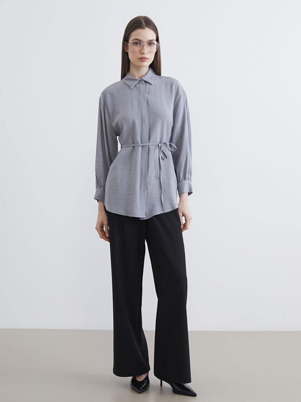 Gri Dokulu Kadın Gömlek Tunik-1