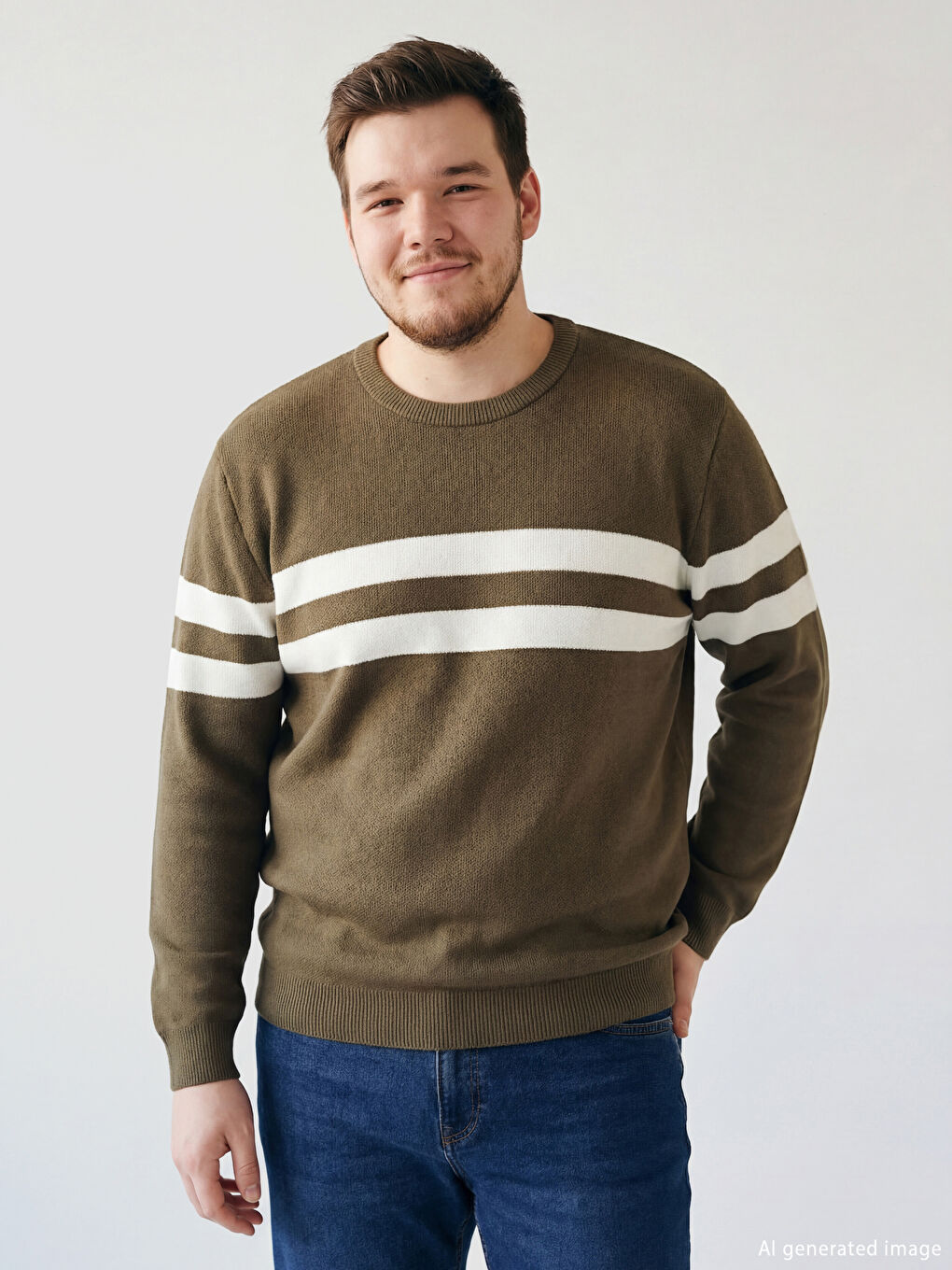 Turuncu Bisiklet Yaka Çizgili Erkek Triko Kazak