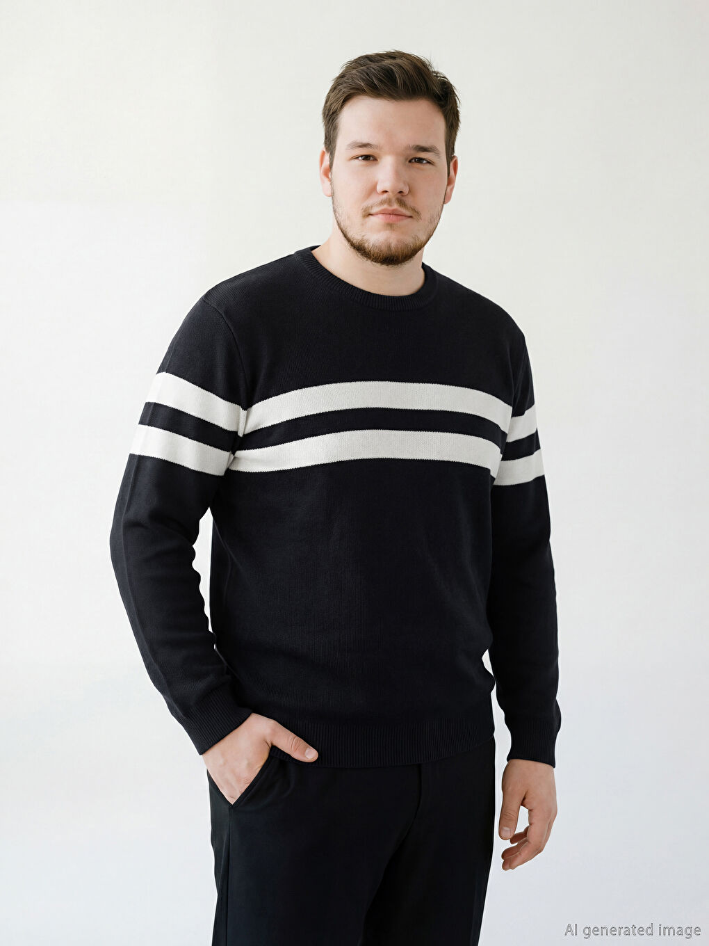 Lacivert Bisiklet Yaka Çizgili Erkek Triko Kazak