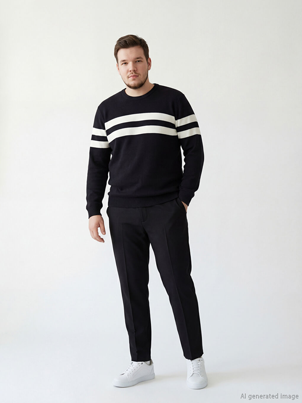 Lacivert Bisiklet Yaka Çizgili Erkek Triko Kazak-1