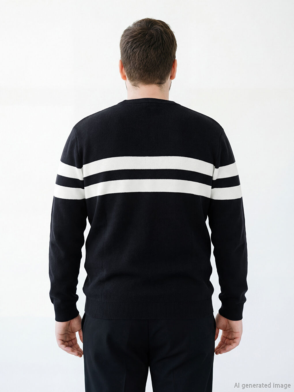 Lacivert Bisiklet Yaka Çizgili Erkek Triko Kazak-3