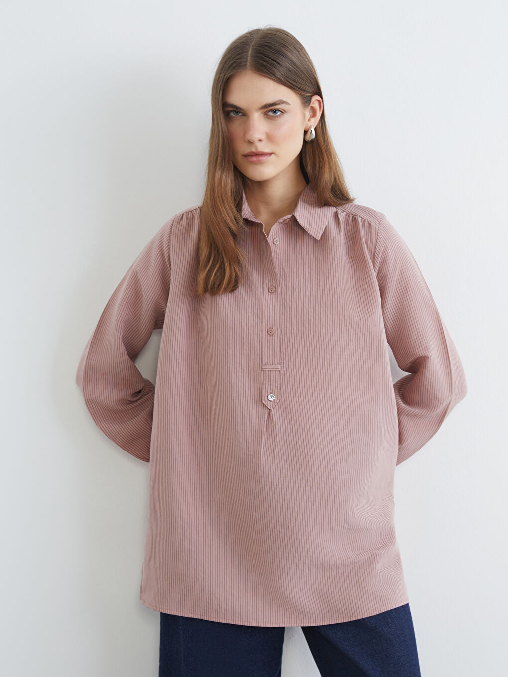 Pembe Modal Karışımlı Oversize Kadın Gömlek Tunik