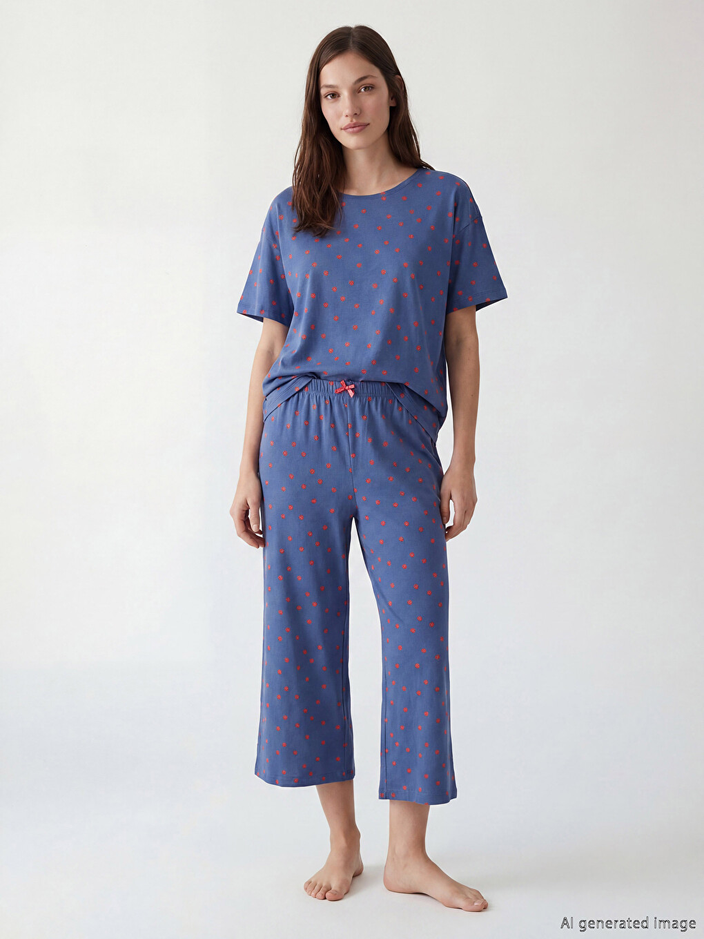 Mavi Beli Lastikli Kalp Desenli Kadın Kapri Pijama Altı