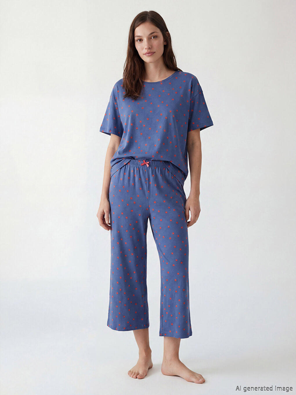 Mavi Bisiklet Yaka Baskılı Kadın Kaprili Pijama Takımı