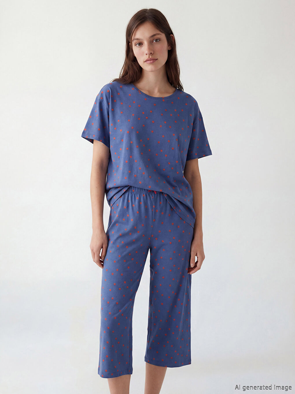 Mavi Bisiklet Yaka Baskılı Kadın Kaprili Pijama Takımı-1