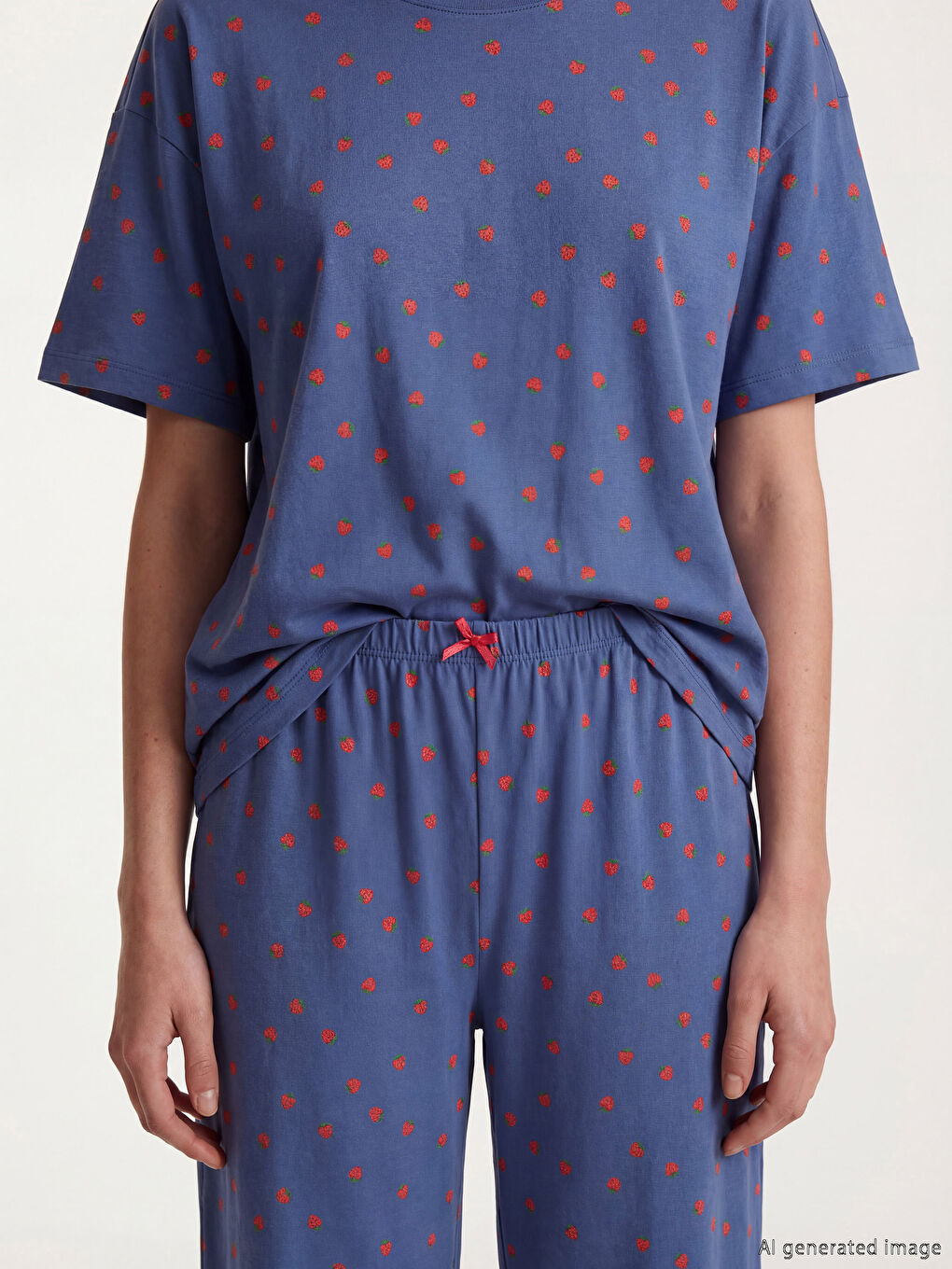 Mavi Bisiklet Yaka Baskılı Kadın Kaprili Pijama Takımı-2