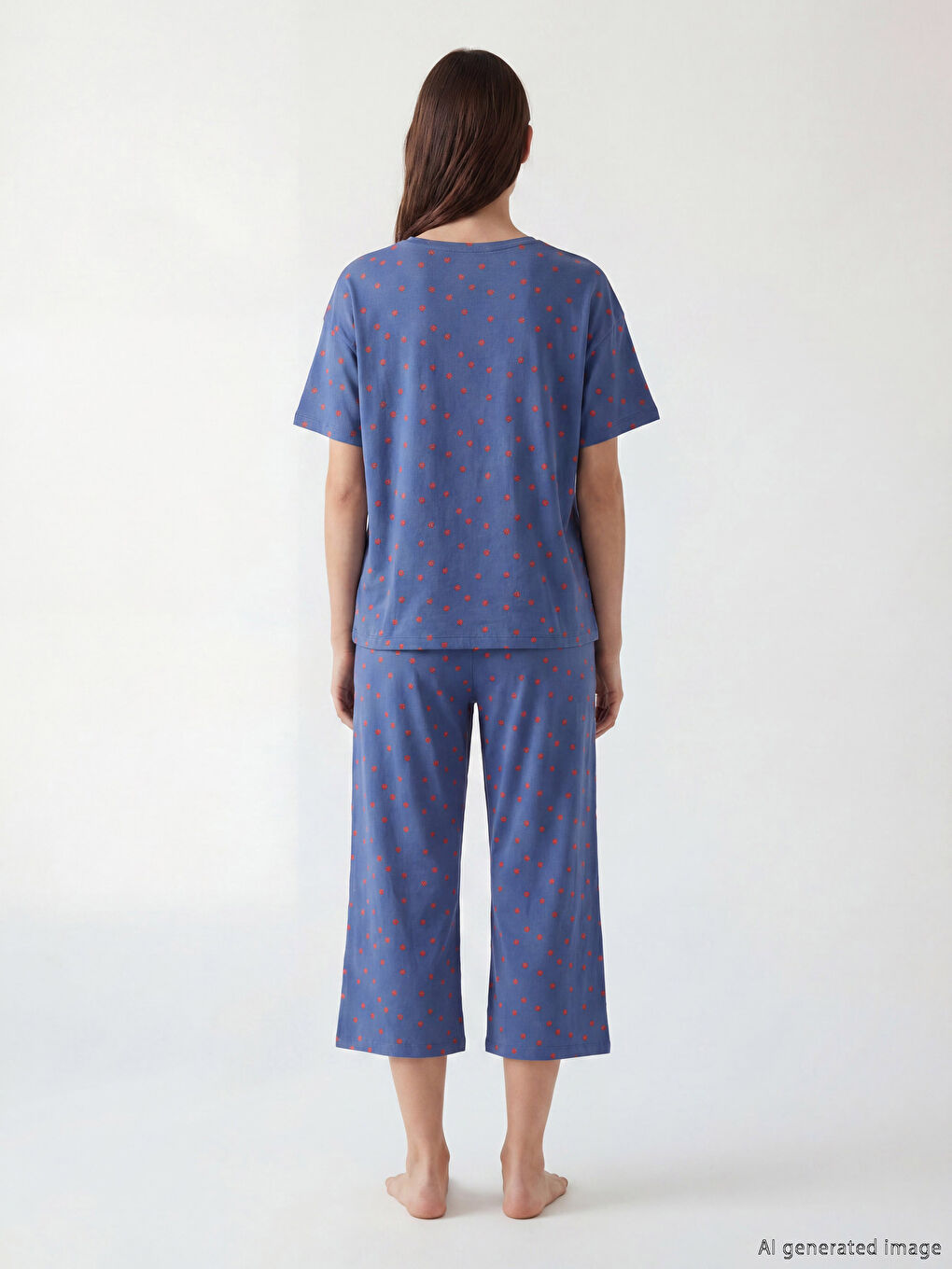 Mavi Bisiklet Yaka Baskılı Kadın Kaprili Pijama Takımı-3