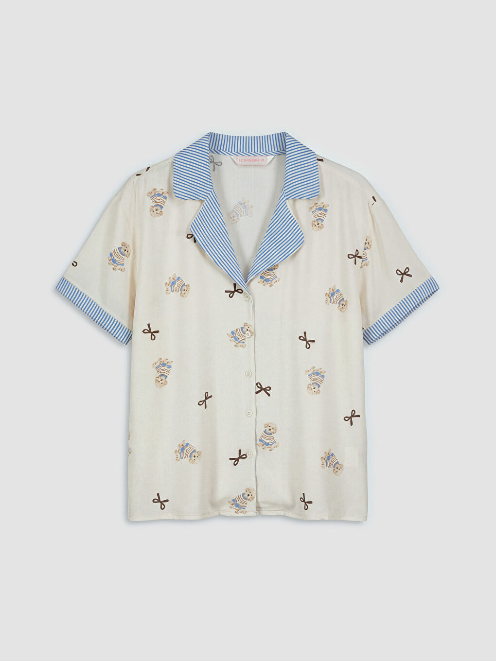 Ekru Gömlek Yaka Baskılı Kadın Şortlu Pijama Takımı-5