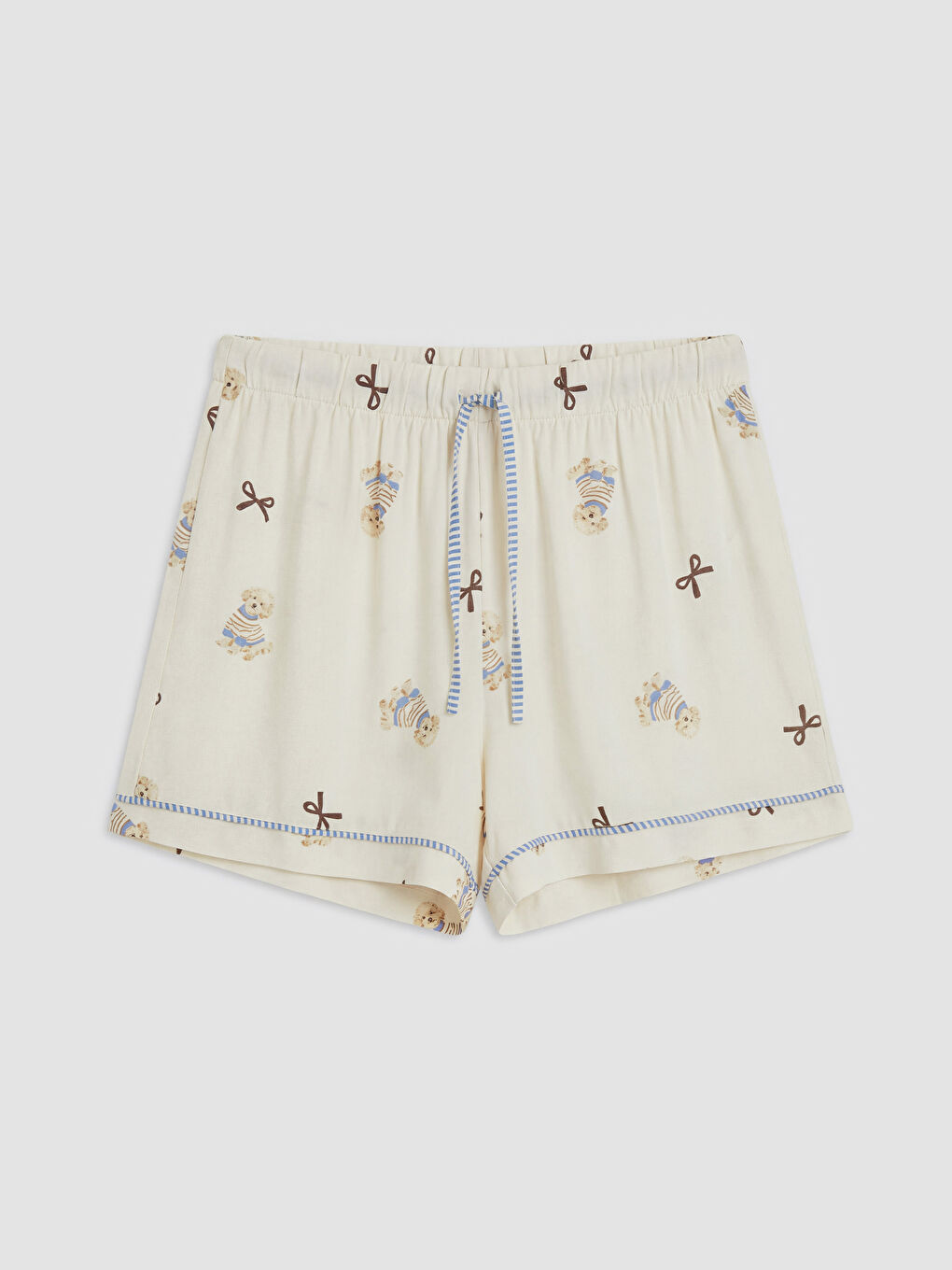 Ekru Gömlek Yaka Baskılı Kadın Şortlu Pijama Takımı-6