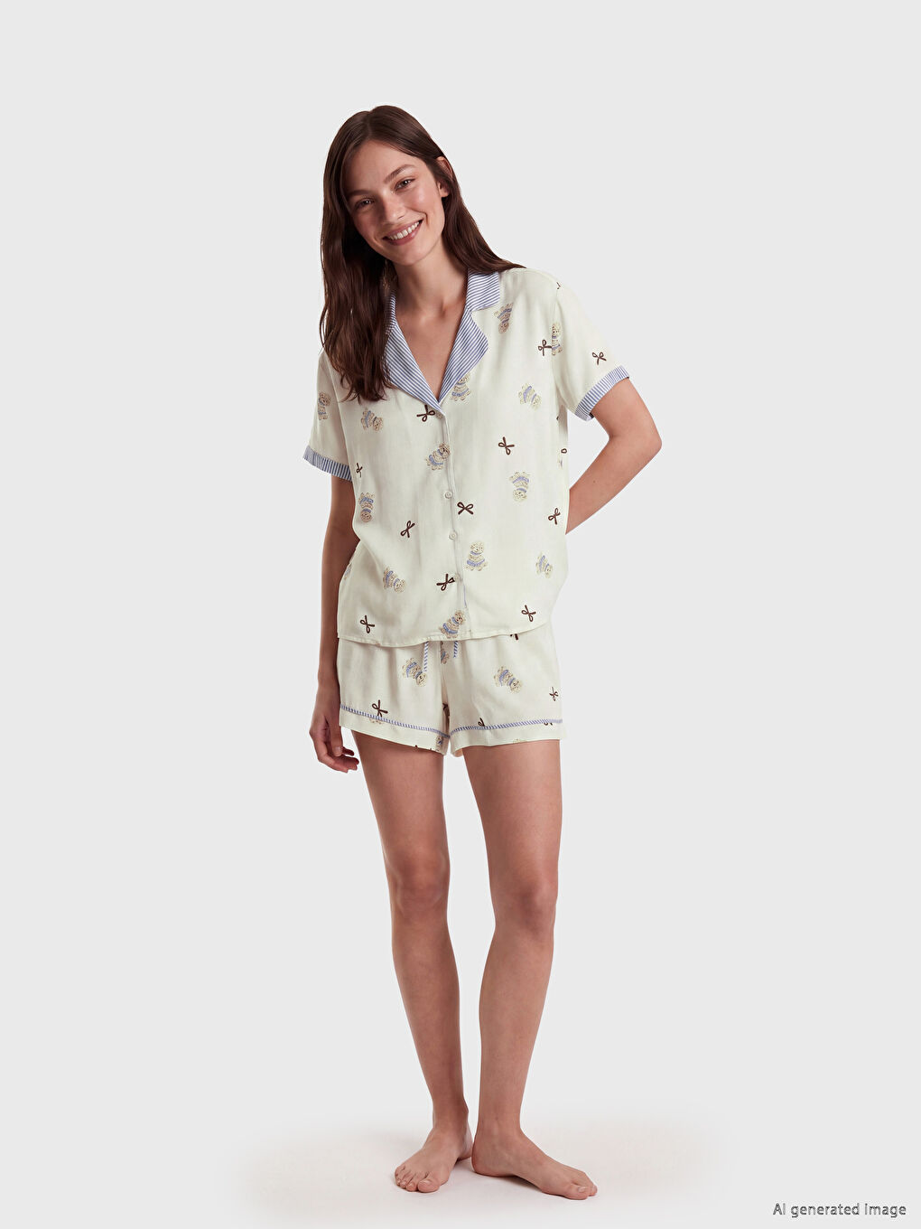 Ekru Gömlek Yaka Baskılı Kadın Şortlu Pijama Takımı-1