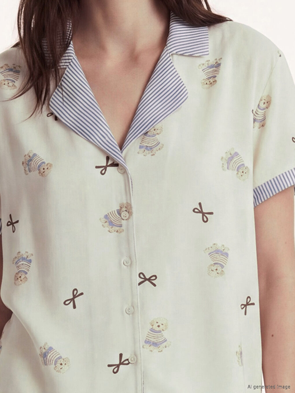 Ekru Gömlek Yaka Baskılı Kadın Şortlu Pijama Takımı-2