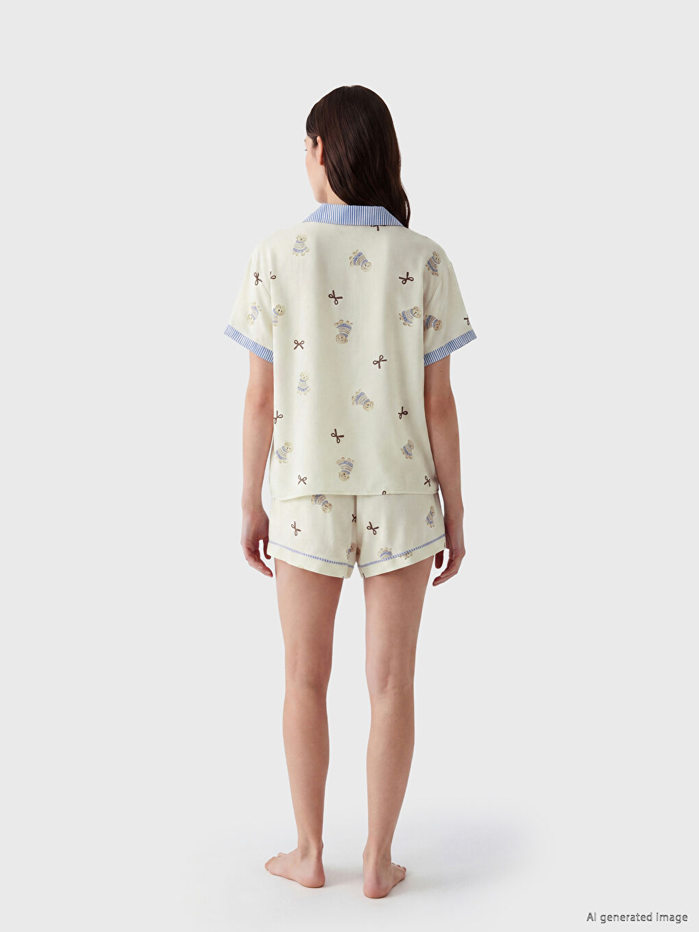 Ekru Gömlek Yaka Baskılı Kadın Şortlu Pijama Takımı-3
