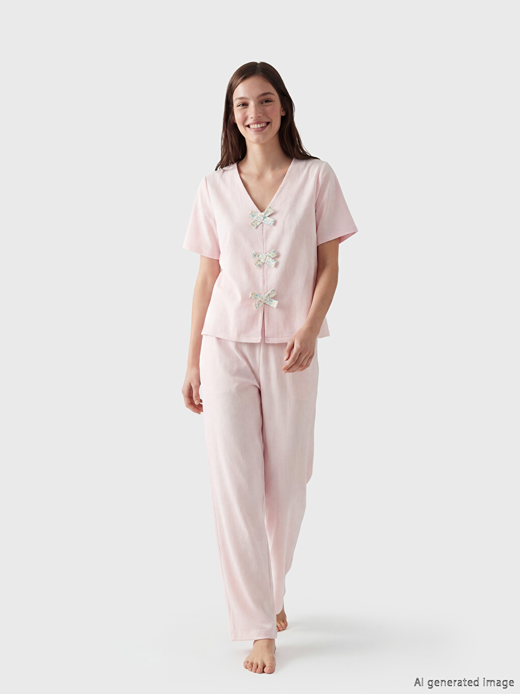 Pembe V Yaka Fiyonklu Kadın Pijama Takım