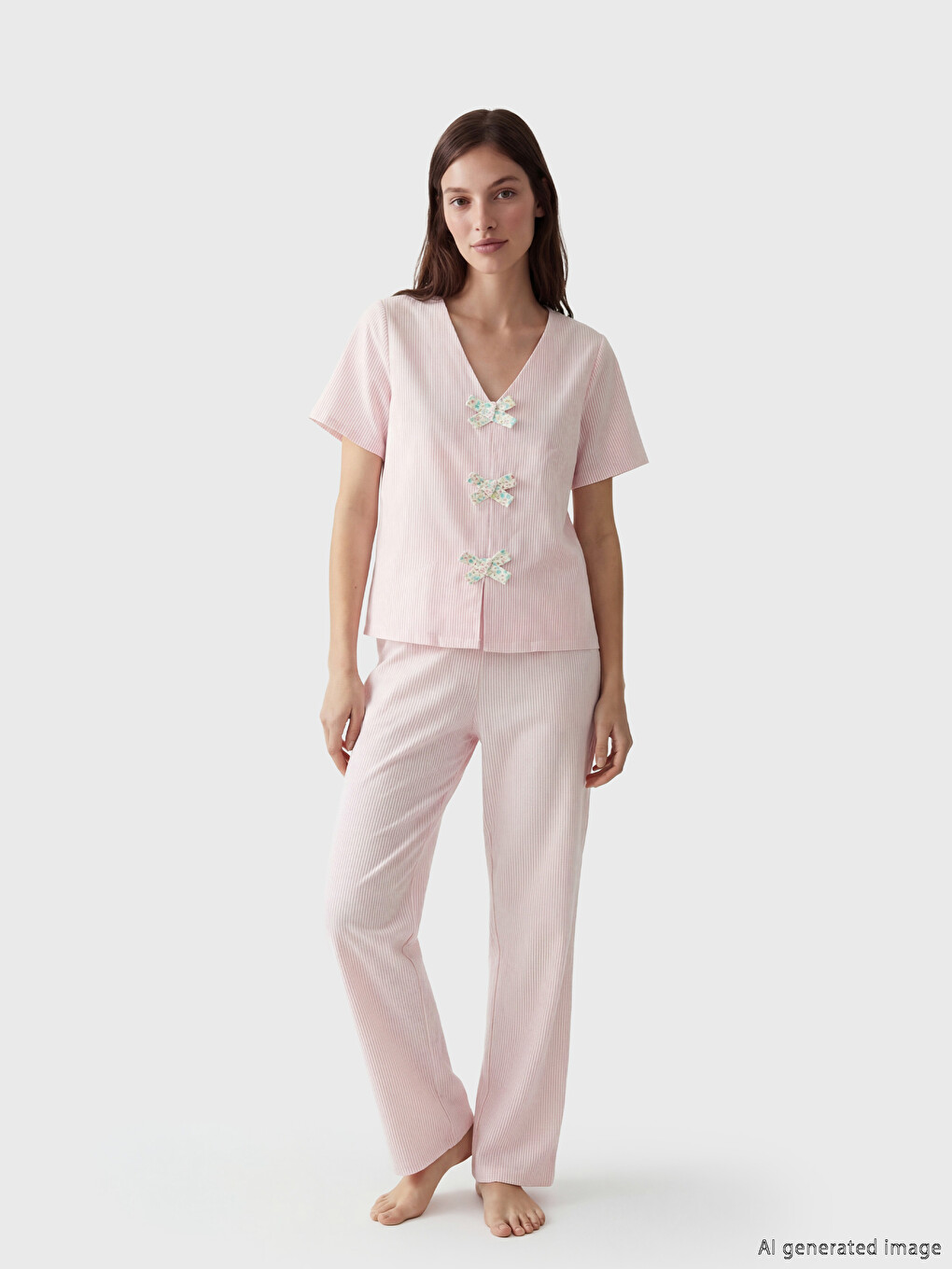 Pembe V Yaka Fiyonklu Kadın Pijama Takım-1