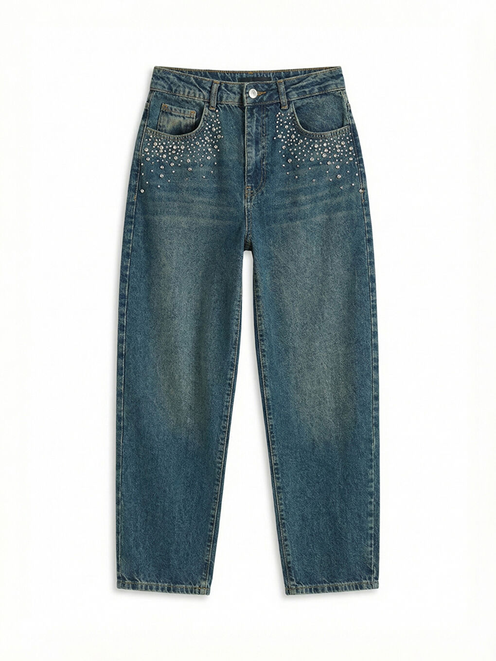 İndigo Taşlı Barrel Fit Kadın Jean Pantolon