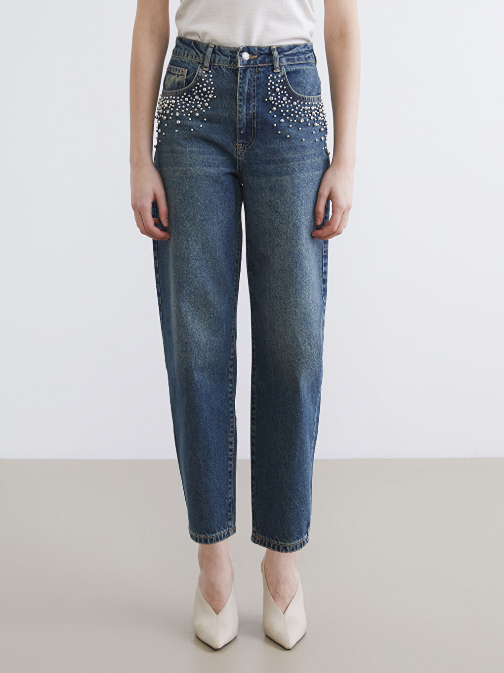 İndigo Taşlı Barrel Fit Kadın Jean Pantolon-1