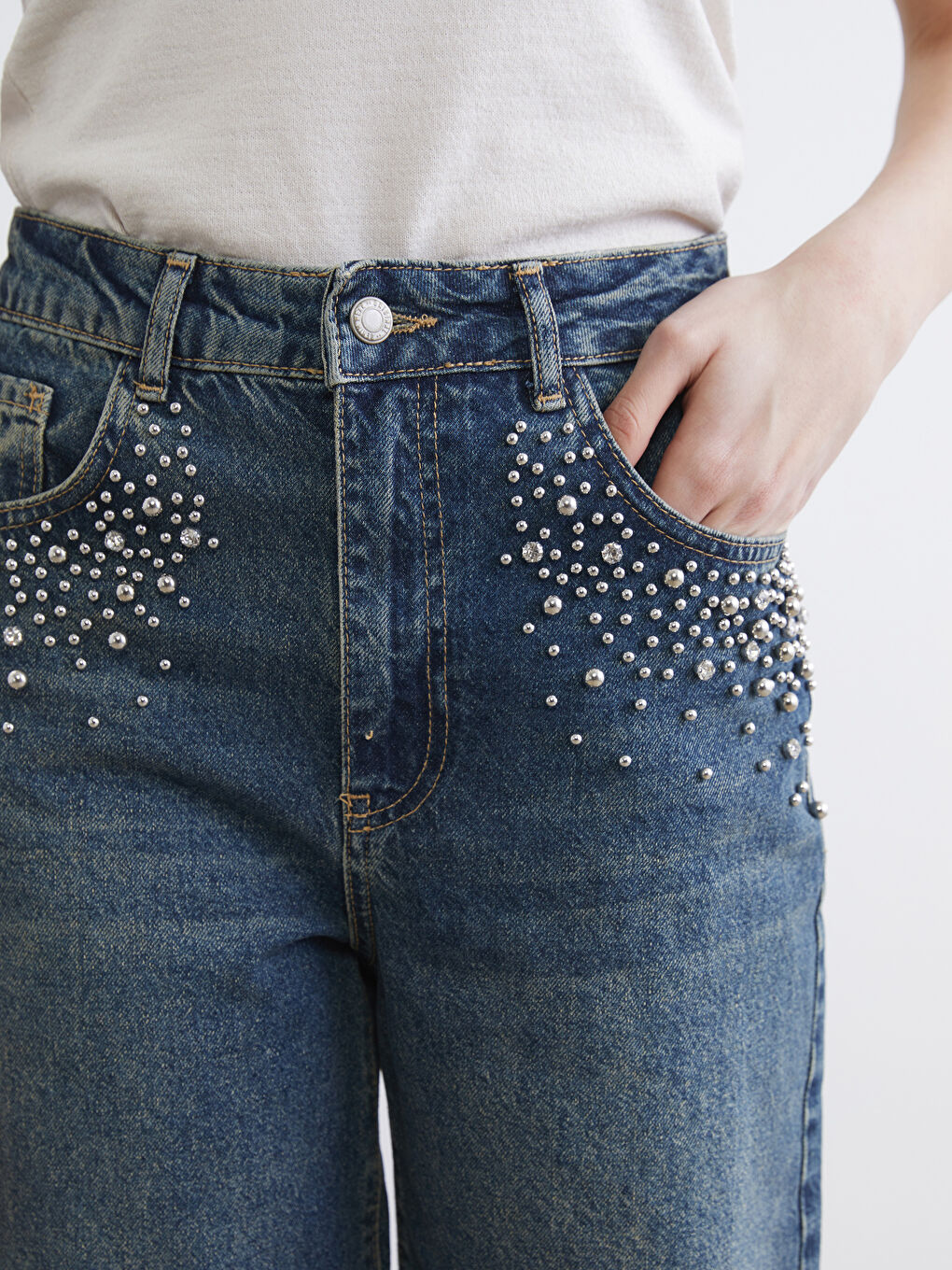 İndigo Taşlı Barrel Fit Kadın Jean Pantolon-2