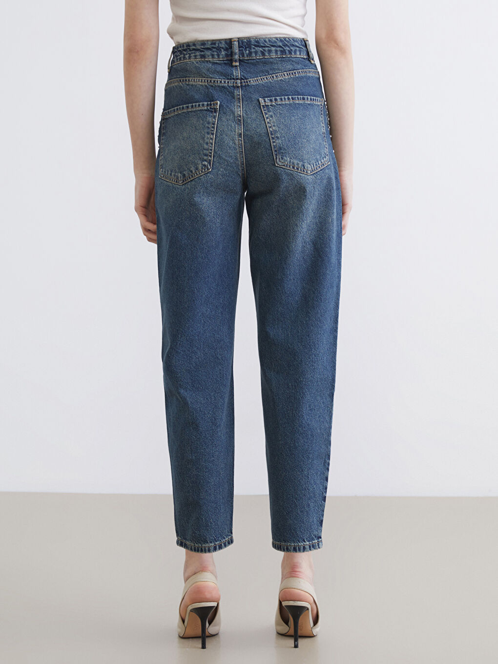 İndigo Taşlı Barrel Fit Kadın Jean Pantolon-3