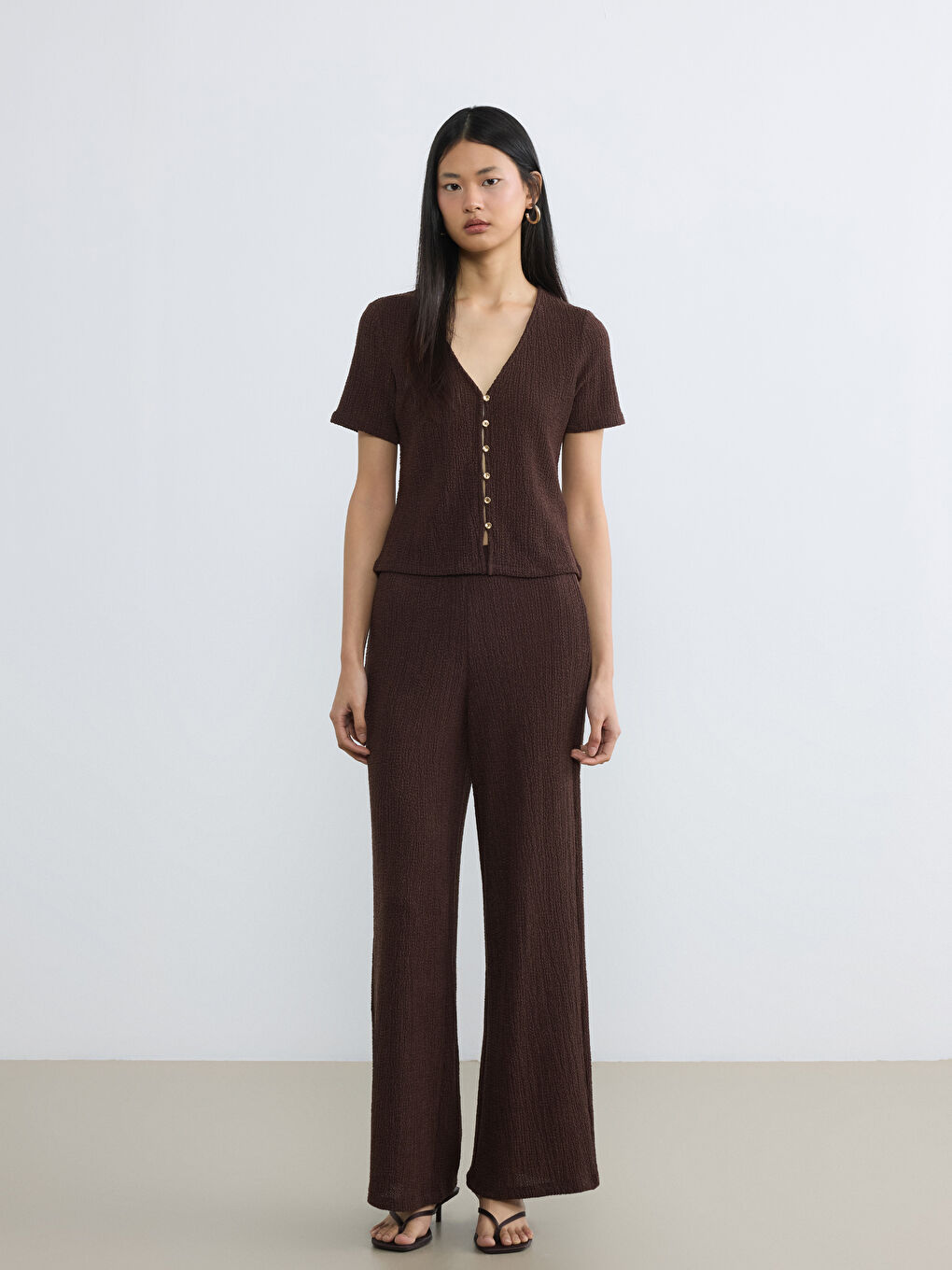 Kahverengi Beli Lastikli Dokulu Kadın Pantolon