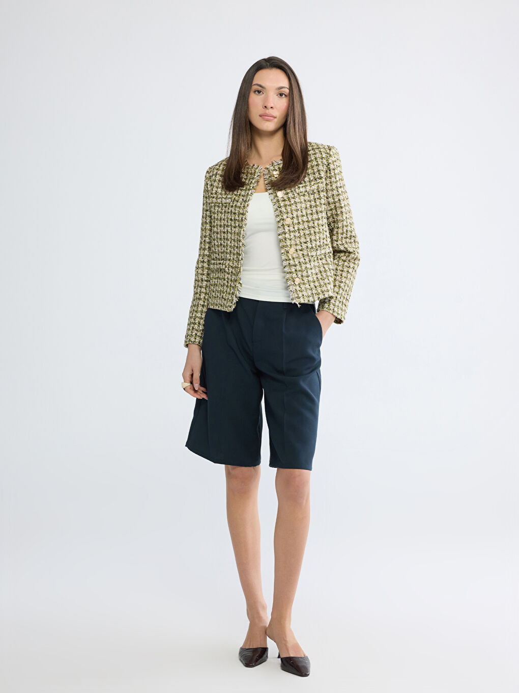 Yeşil Gömlek Yaka Ekose Kadın Tüvit Ceket-1