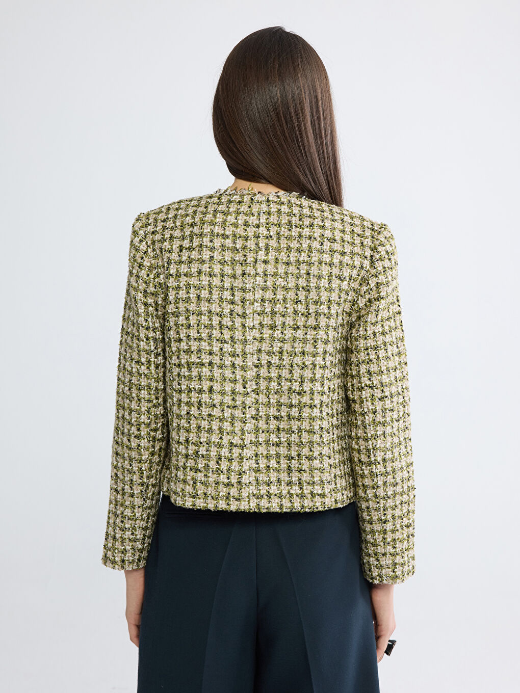 Yeşil Gömlek Yaka Ekose Kadın Tüvit Ceket-3