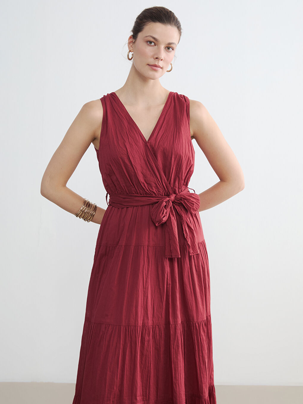 Double Breasted Sash Layered Poplin Dress-1