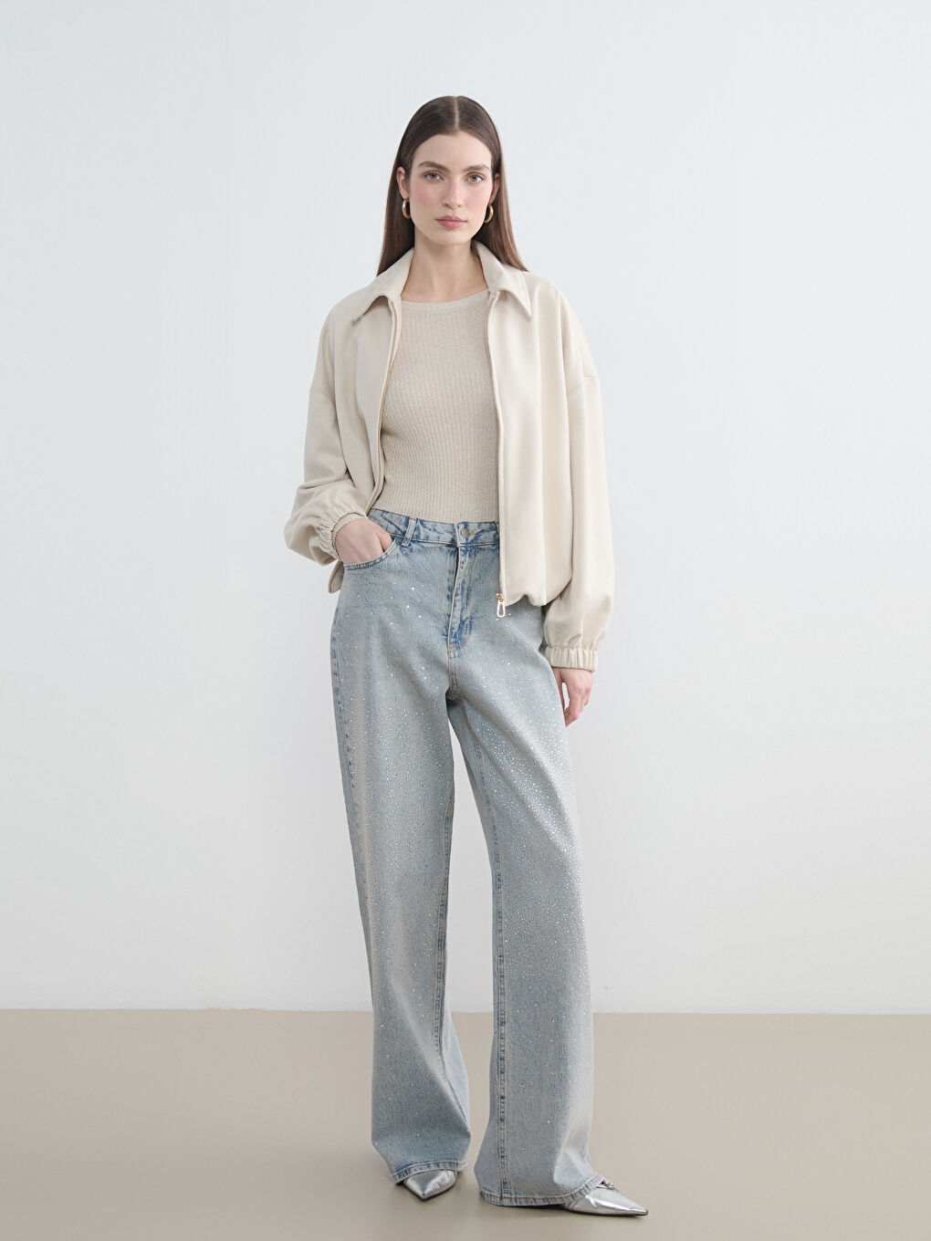 İndigo Wideleg Taşlı Kadın Jean Pantolon