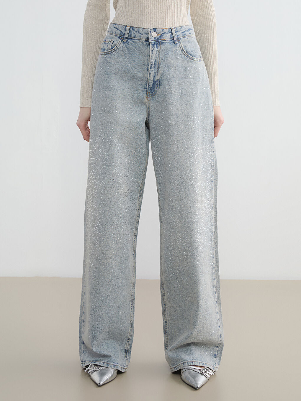 İndigo Wideleg Taşlı Kadın Jean Pantolon-1