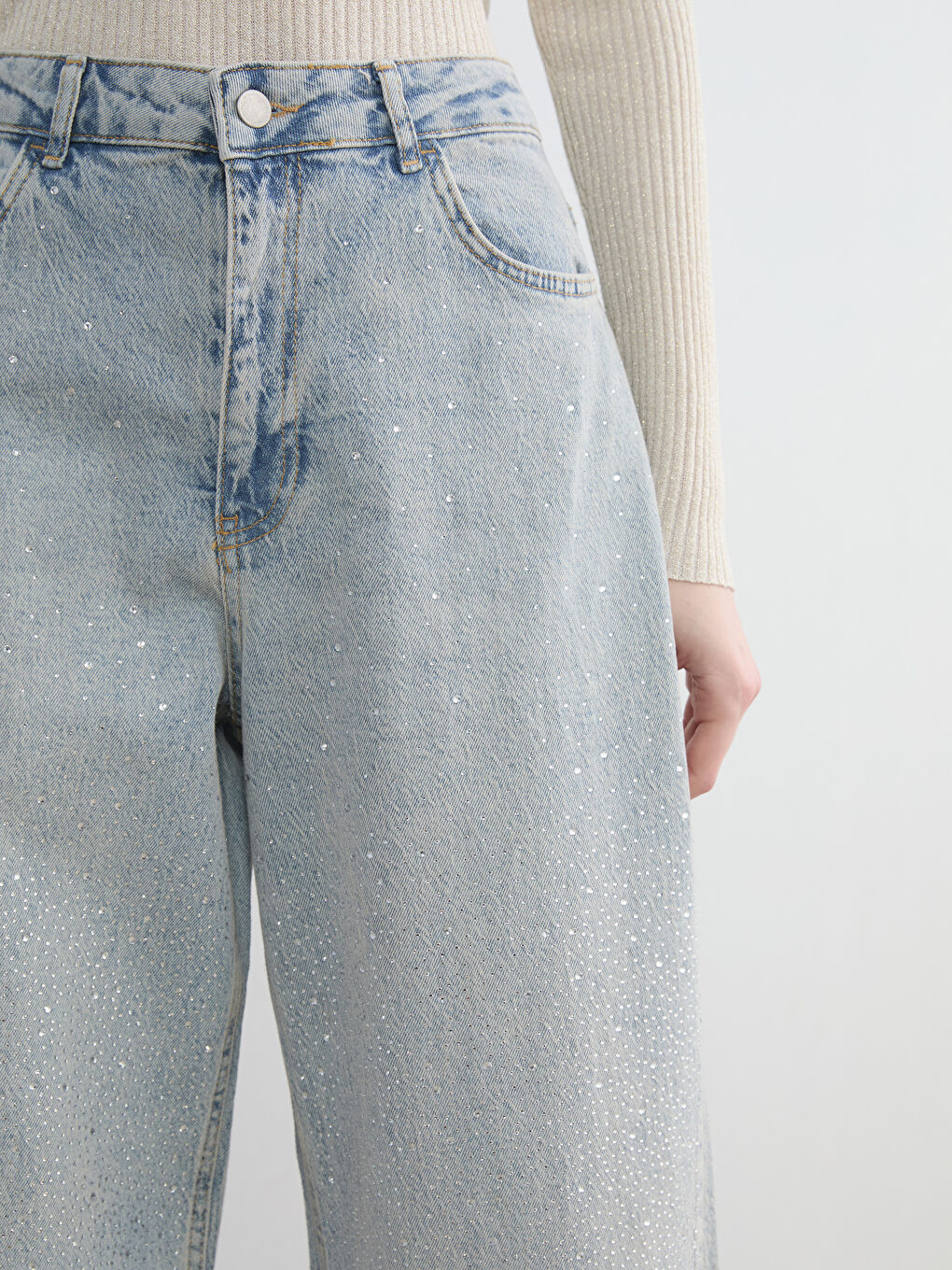 İndigo Wideleg Taşlı Kadın Jean Pantolon-2