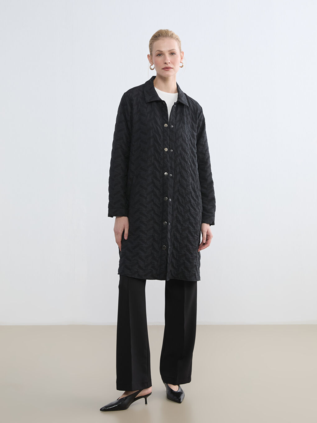 Women's Padded Jacket with Shirt Collar Detail