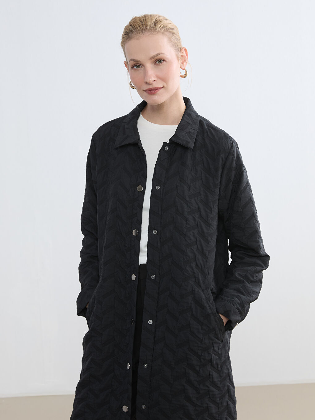 Women's Padded Jacket with Shirt Collar Detail-1