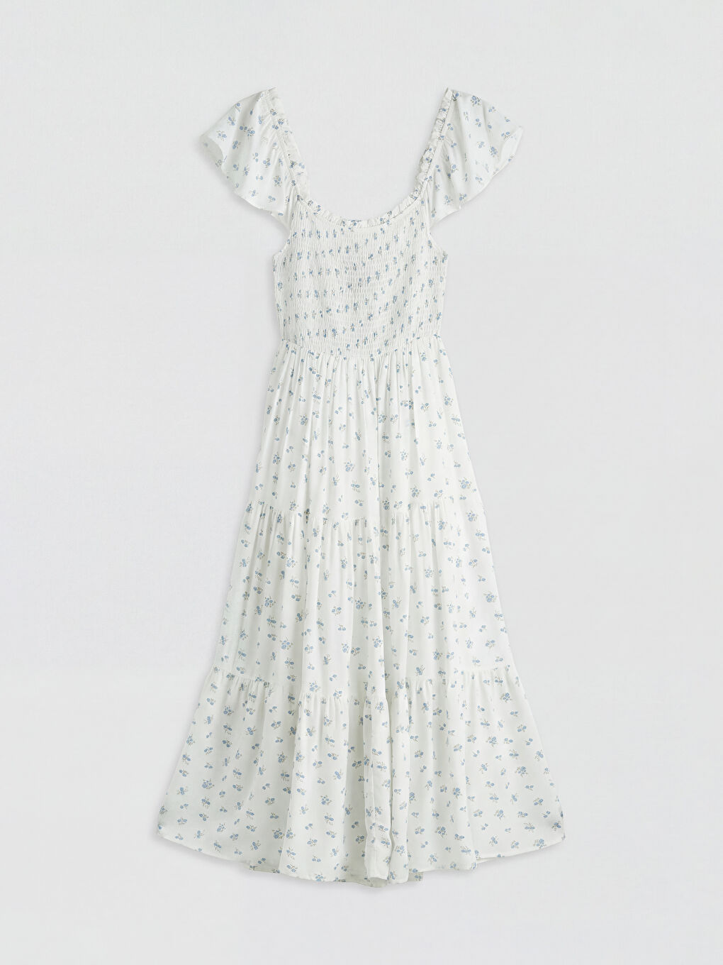 Mavi Kare Yaka Çiçekli Poplin Elbise