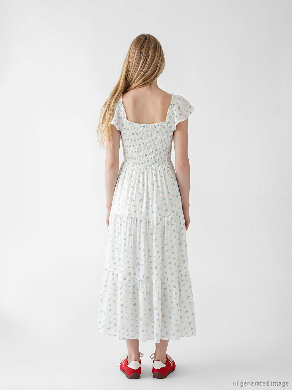 Haljina od cvetnog poplina sa kvadratnom kragnom-2