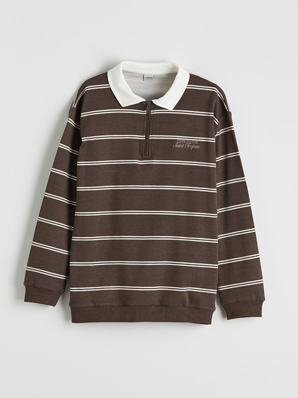 Kahverengi Polo Yaka Çizgili Erkek Çocuk Tişört-1